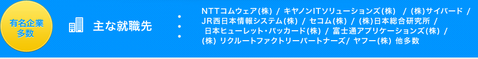 主な就職先 NTTコムウェア(株) / キヤノンITソリューションズ(株)  / (株)サイバード / JR西日本情報システム(株) / セコム(株) / (株)日本総合研究所 / 日本ヒューレット・パッカード(株) / 富士通アプリケーションズ(株) / (株) リクルートファクトリーパートナーズ/ ヤフー(株) 他多数