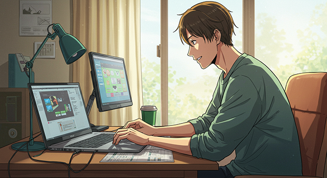 生成AIによる、サブモニターで効率よく作業する人のイラスト