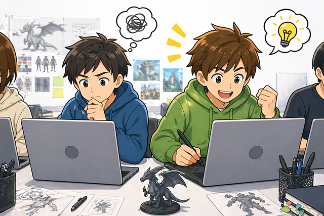 生成AIによる、3DCG授業で学生が悩んだり、ひらめいたりと制作に打ち込む様子