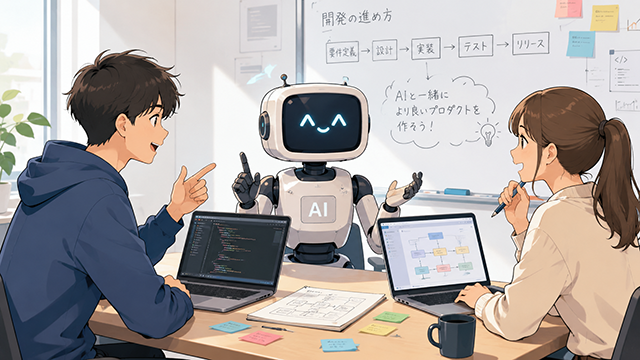 生成AIによるイメージ。学生たちがAIと対話しながら学習を進める様子。