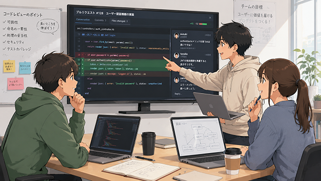生成AIによるイメージ。学生たちがモニターにコードを表示しながら確認をしているようす。