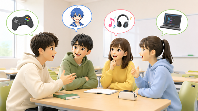 クラスの中で学生いろんな話題でおしゃべりをしているイラスト