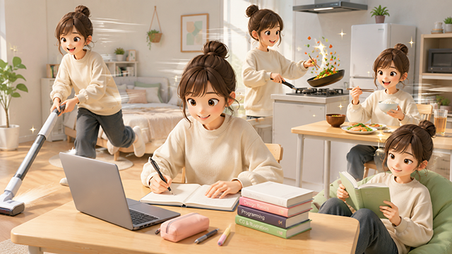 家事、勉強、趣味をすばやくこなす学生のイラスト